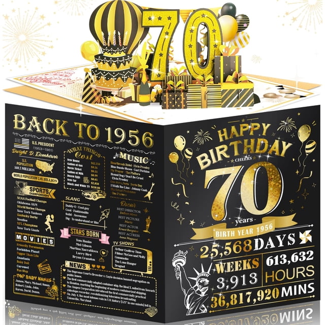 Tarjeta de cumpleaños 70 con pop up 3D en negro y dorado Aiunmiol