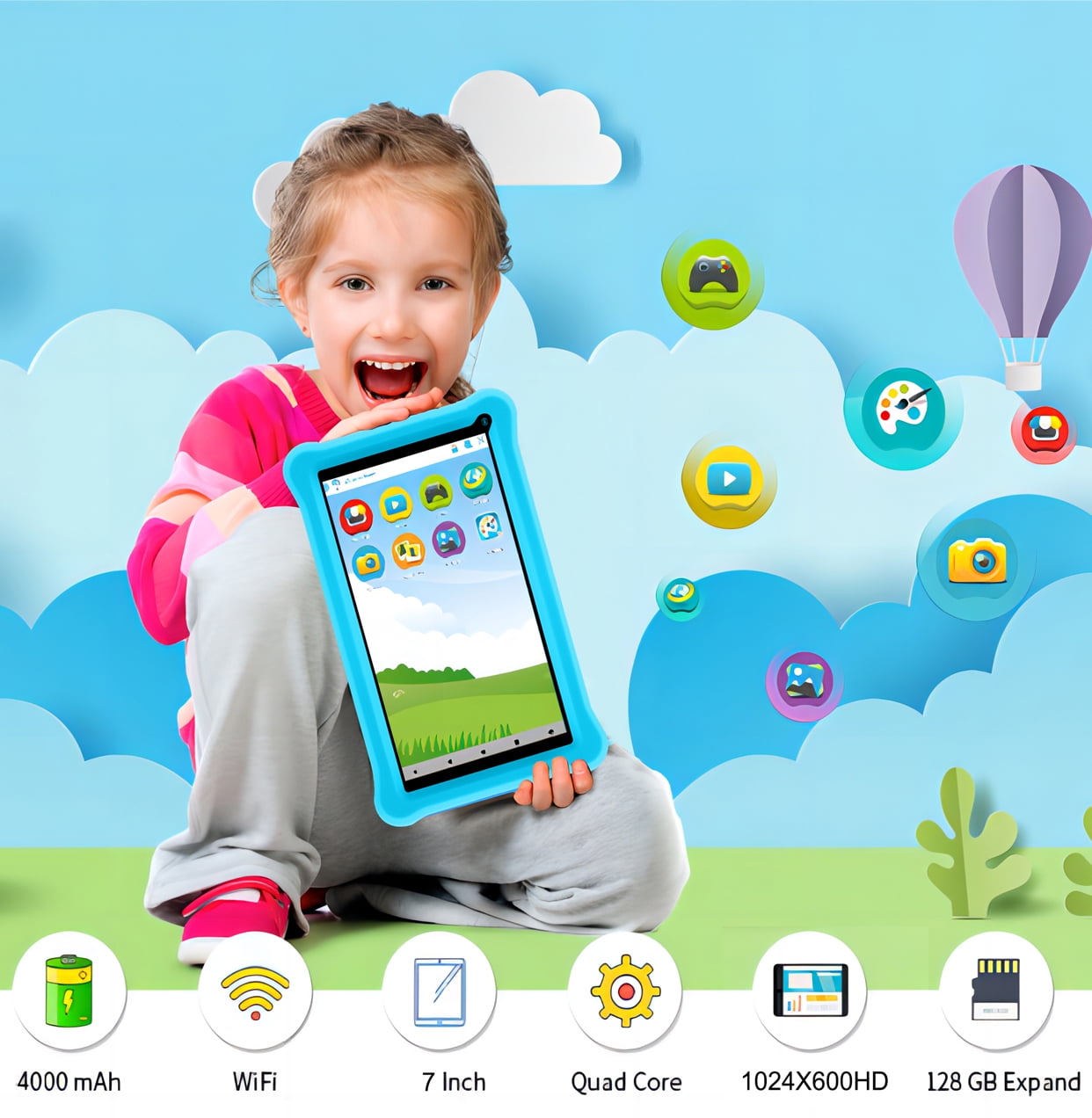 niuniutab Kids Tablet,7 inch Android for Kids, 3+5GB RAM 64GB ROM, 1024x600 IPS HD Touchscreen, Tablet with Parental Control, WiFi, Bluetooth,(Blue)