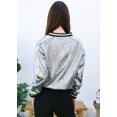 thumbnail image 4 of Womens Long Sleeve Front Zip Track Stripe Sequin Bomber Jacket, Gray, Medium, 4 of 5