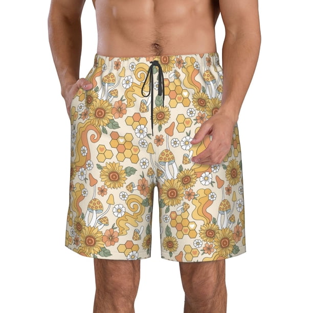 Balery Retro 70s 60s Flower Traje de Baño Estilo Hawaiano para Hombre, Shorts de Secado Rápido con Bolsillos-Medium