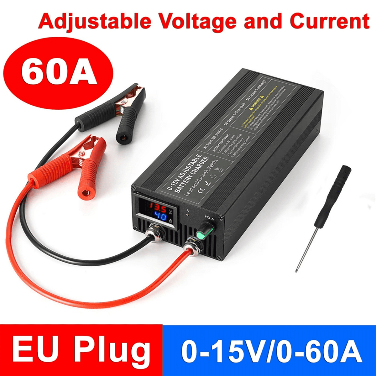 60A Lifepo4 Charger 0-15V Battery Charge Car Fast Charge Lithium Battery Charger 12.6V High Power Adapter US Plug