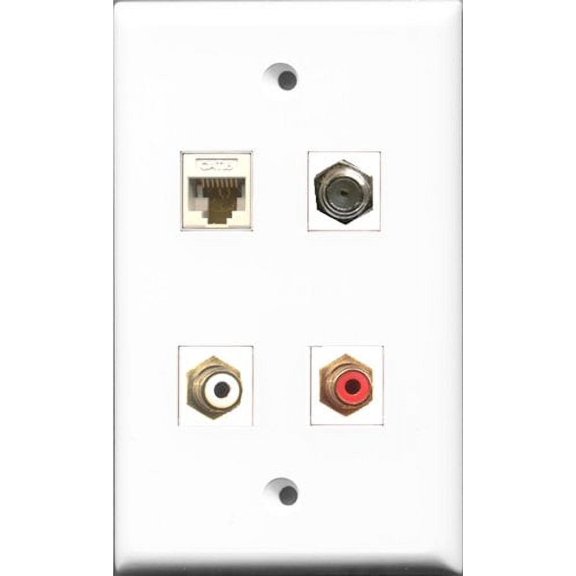 RiteAV 1 Port RCA Red and 1 Port RCA White and 1 Port Coax Cable TV- F-Type and 1 Port Cat6 Ethernet White Wall Plate