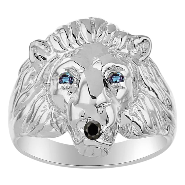 RYLOS Lion Head Ring Black Diamond Mouth & Gemstone Eyes Fun Designer Rings Alexandrite Sterling Silver Jewelry Size 9
