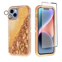 NIFFPD iPhone 14 Plus with Screen Protector Camera Lens Protector, Bling Glitter Quicksand Sparkle Clear & Shockproof Protective Cover iPhone 14 Plus 6.7" Rose Gold
