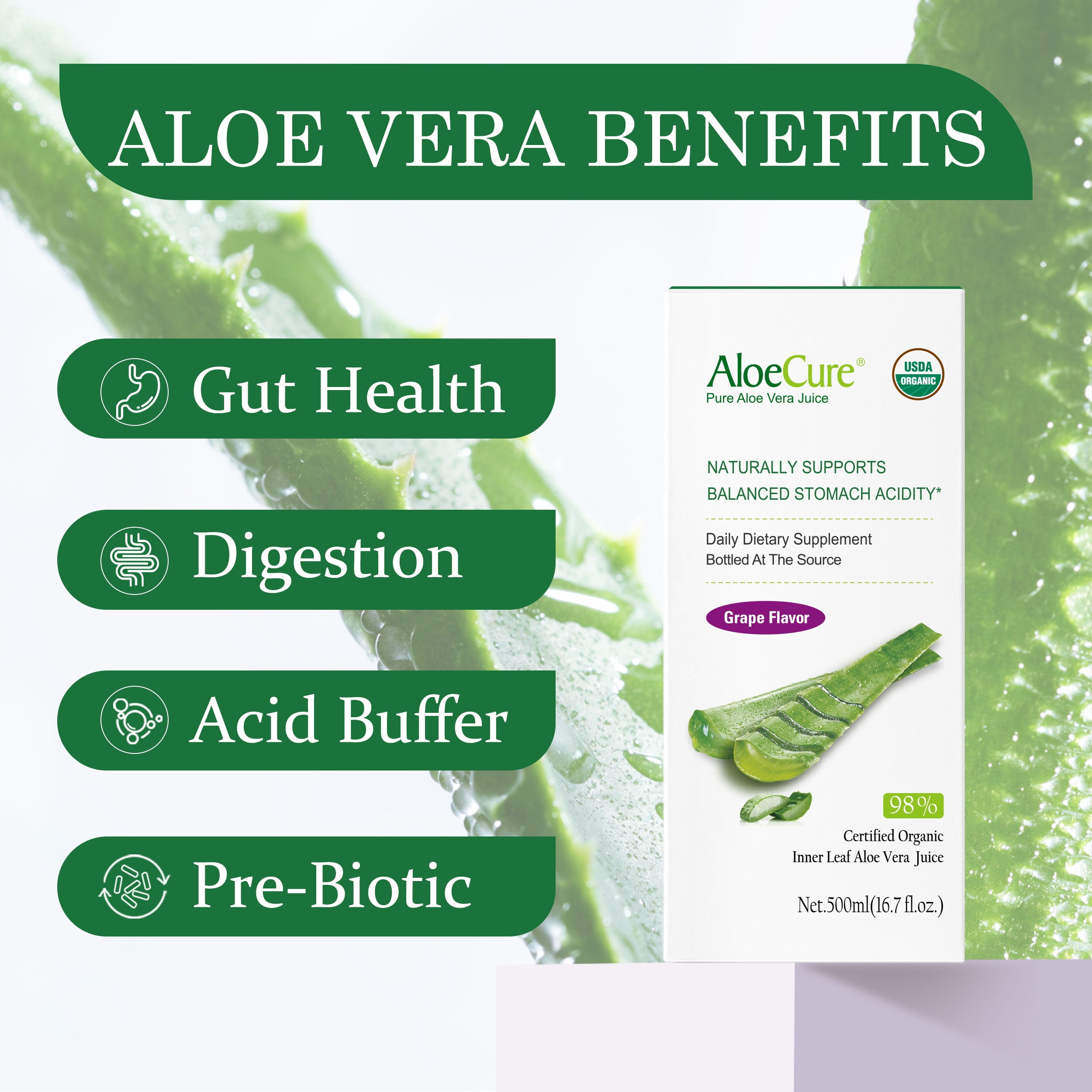 AloeCure USDA Organic Aloe Vera Juice Grape Flavor, Made Within 12 Hours of Harvest - Pure Aloe Vera Drink Natural Treatment for Acid Reflux, GERD, Natural Acid Buffer, Aloe Vera Inner Fillet Juice