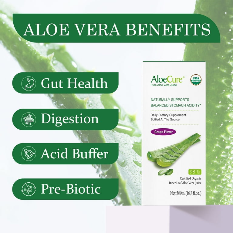 AloeCure USDA Organic Aloe Vera Juice Grape Flavor, Made Within 12 Hours of  Harvest - Pure Aloe Vera Drink Natural Treatment for Acid Reflux, GERD, ...
