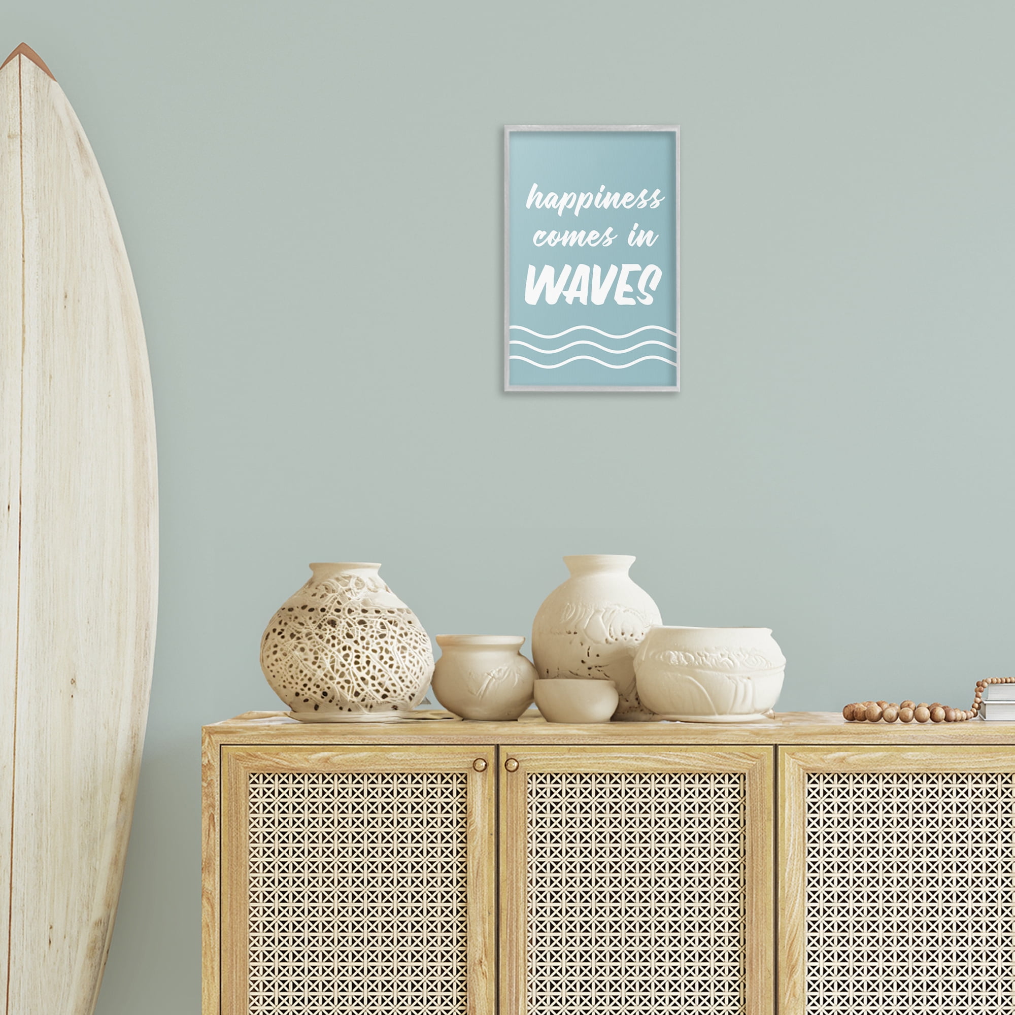 Stupell Industries Happiness In Waves Typography Painting Gray Framed Art Print Wall Art, 12 x 18
