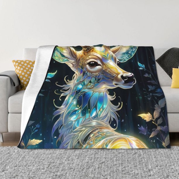 Balery Colorful Stained Glass Deer Manta de Franela con Dibujo, Lujo Ultra Suave y Cálido, Antipelusa y Resistente a las Arrugas para Cama, Sofá, Camping -60"x50"