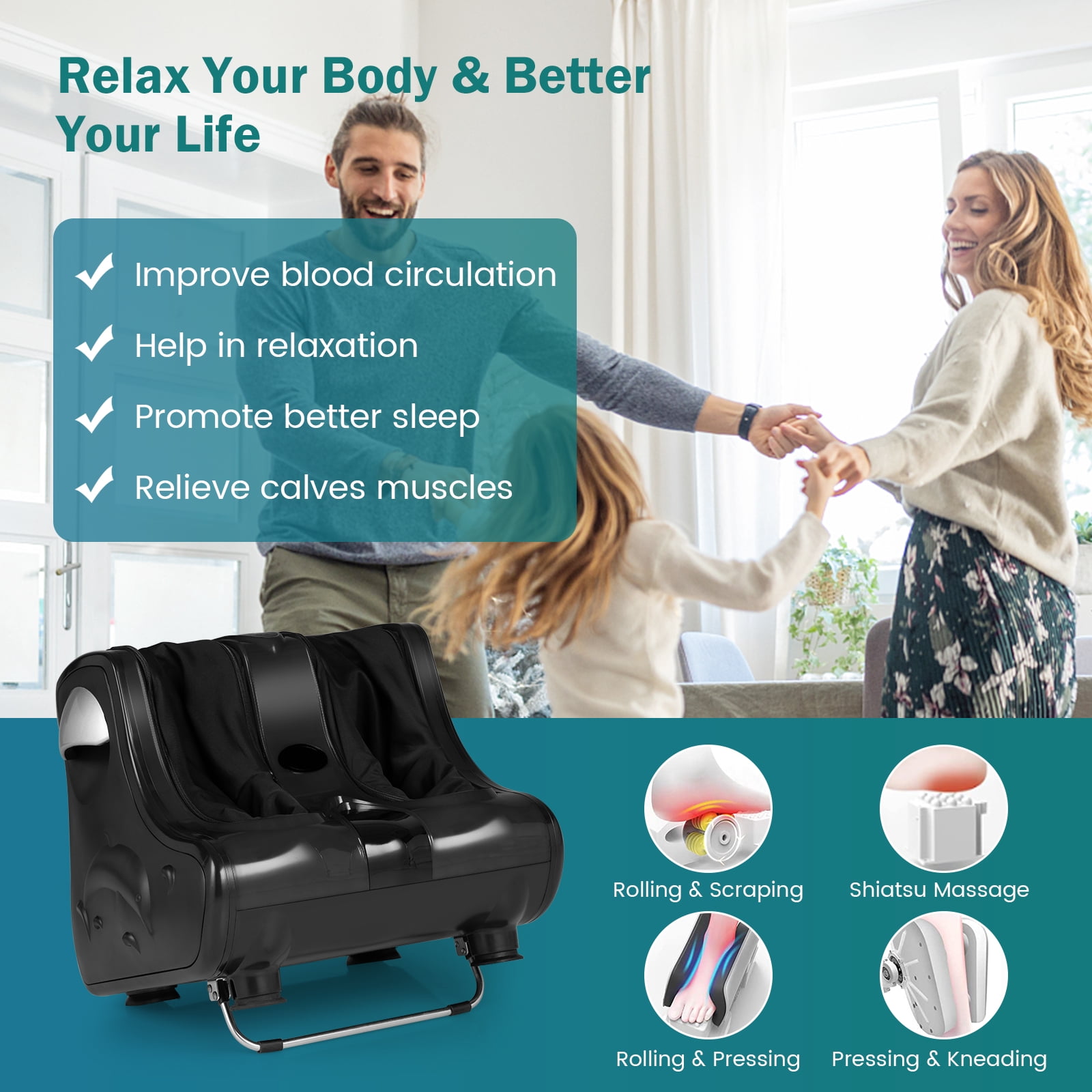 Giantex Foot & Calf Massager, Shiatsu Heated Electric Foot Massager W/ Heating, Deep Kneading & Washable Sleeves, Leg Massager for Relaxation, Foot Pain Relief, Black