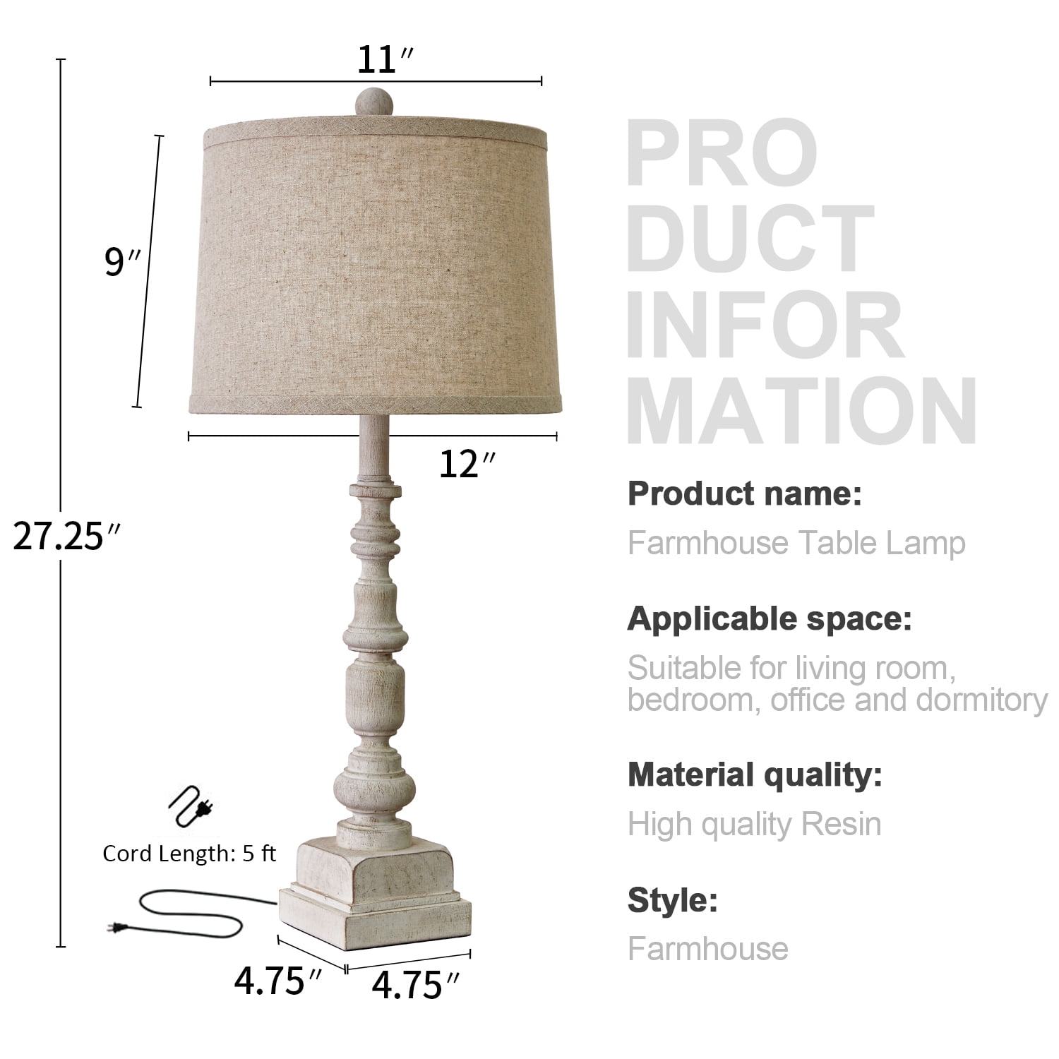 Oneach Farmhouse Table Lamps Set of 2 for Living Room Bedroom Study 27.25" Resin Bedside Nightstand Lamp