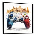 thumbnail image 2 of Designart "Cityscape with Video Game Controller" Fashion Framed Wall Art - Red Video Games Entryway Framed Wall Art, 2 of 6