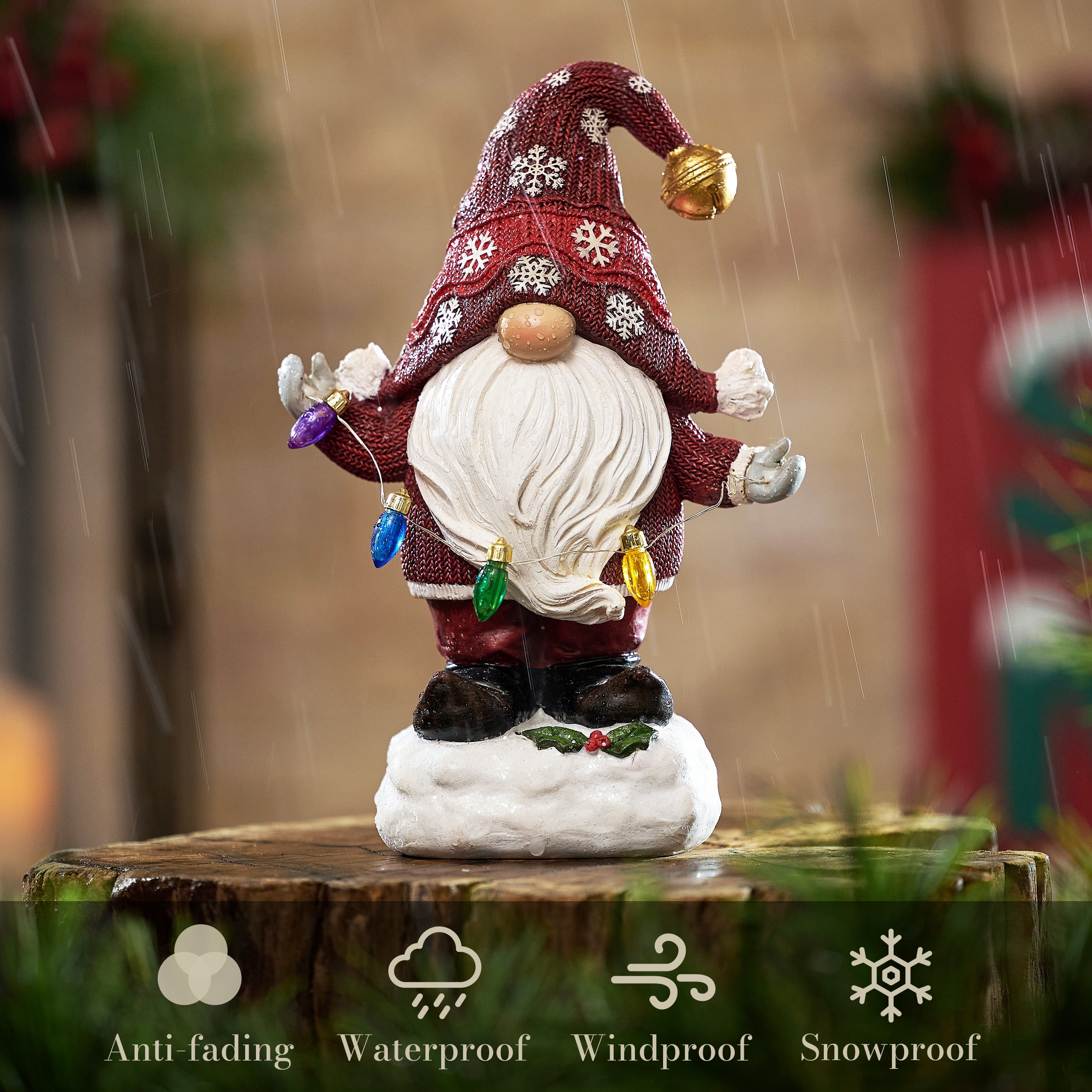 Teresa's Collections 8.86'' Gnome Garden Statue, Solar Gnome Garden Statue Christmas Decor with Snowflake Hat Solar Lights for Yard Patio Garden Decor