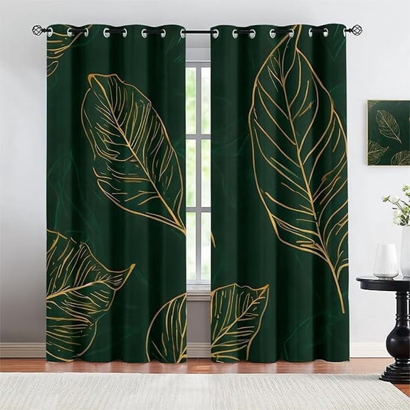 Golden Plant Leaves Decorative Window Curtains, Modern Dark Green Curtains For Bedroom, Noise Reducing Washable Drapes For Hotel Office Living Room 53"W x 84"L (Pack of 2)