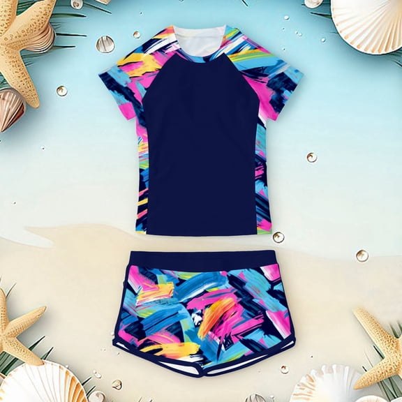 ibiyuan Girls Period Swimwear Two Pieces with Chest Pad Ruffle Bathing Suit Stretchy Cute Pattern Print Tankini with Shorts Ruffle Ruched Cut Out Princess Bikini Set Modest Swimwear