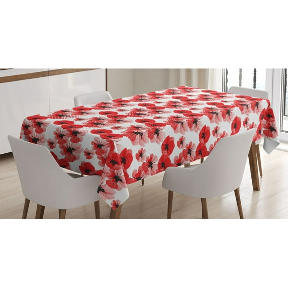 Floral Tablecloth, Poppies Retro Halftone Effect Fertility and Eternal Life Vintage, Rectangle Satin Table Cover Accent for Dining Room and Kitchen, 60" X 84", Vermilion Black White, by Ambesonne