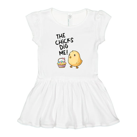 Inktastic The Chicks Dig Me Easter Baby Chick with Basket and Eggs Girls Toddler Dress
