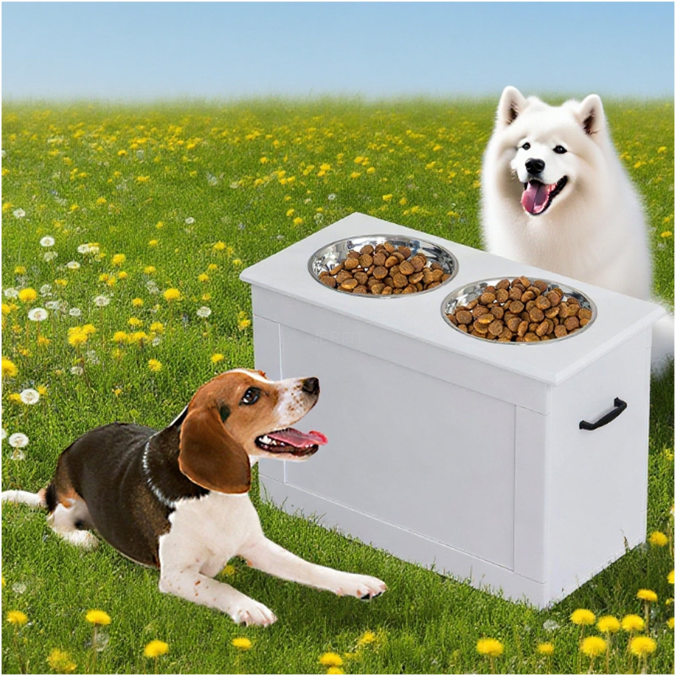 JERFIT Elevated Dog Feeder Stand with Storage, White Pet Food Station with 2 Stainless Steel Bowls for Large Breeds, Raised Dog Bowl Holder