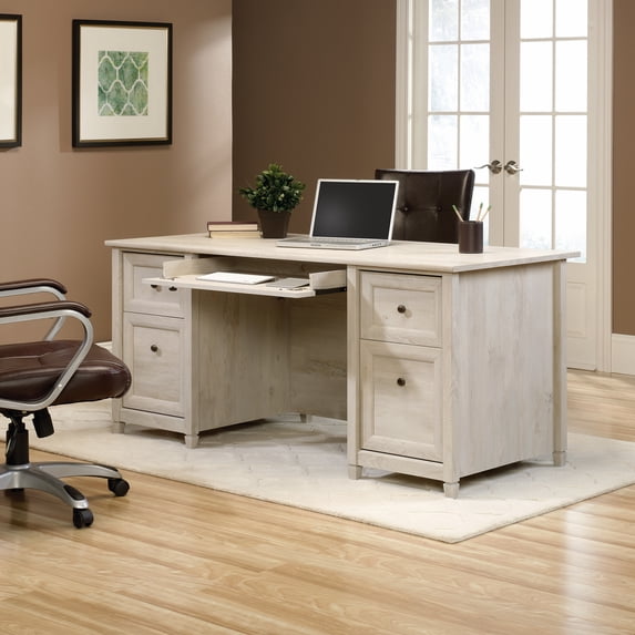 sauder edge water executive desk, l: 65.12" x w: 29.53" x h: 29.37", chalked chestnut finish 