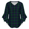 thumbnail image 5 of Blackwatch Tartan Modern Cute Blue And Green Plaid Women's V-Neck Blouse With 3/4 Ruffled Bell Sleeves Casual Top Ladies Blouses, 5 of 7