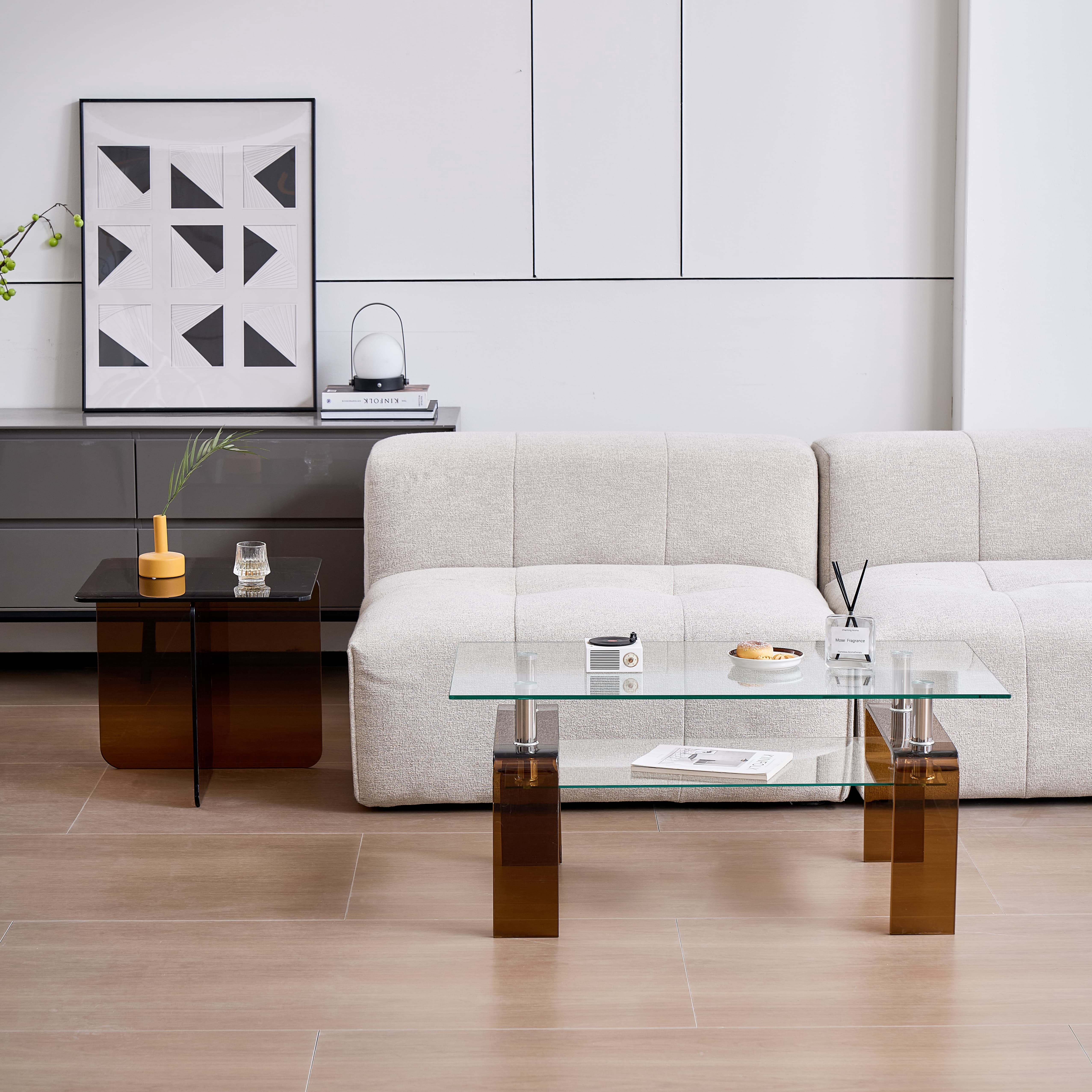 MAYEERTY Tempered Glass Coffee Table, Modern Glass Coffee Table for Living Room, 2-Tier Storage Center Coffee Table with Brown Legs