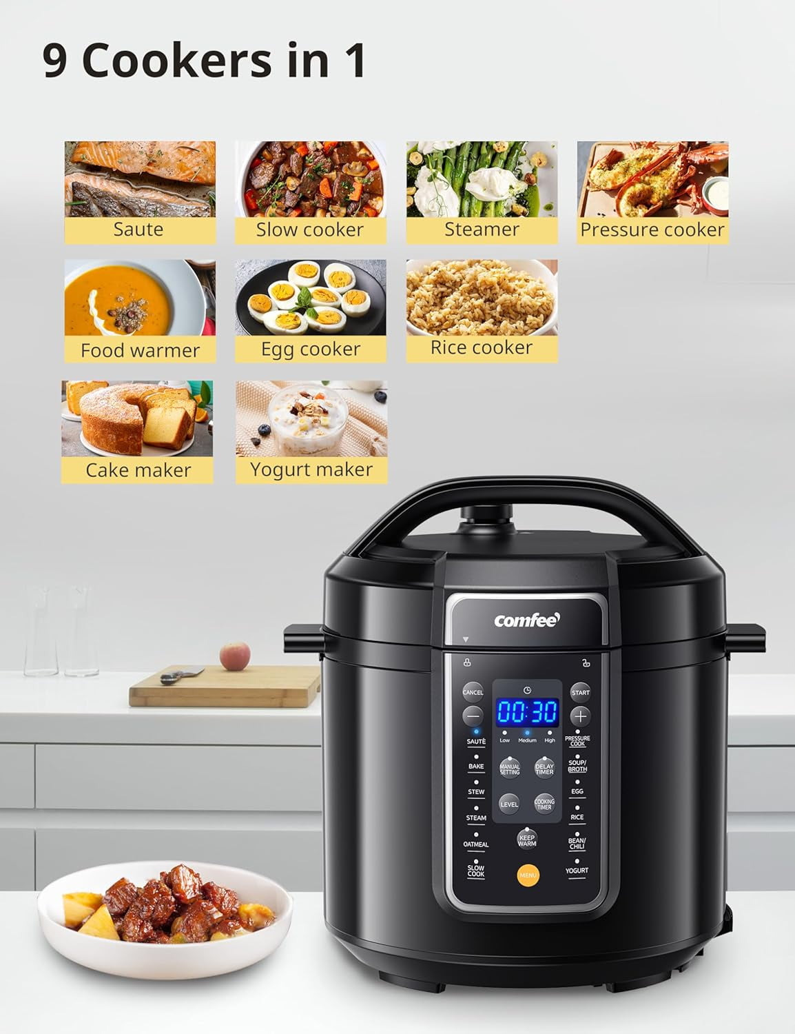 9-in-1 Electric Pressure Cooker with 14 Presets, 6 Quarts Black Multi-Cooker