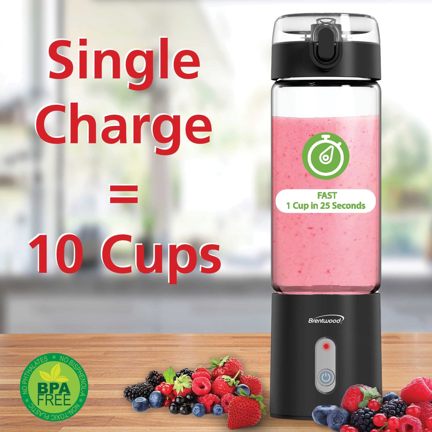 Brentwood 50-Watt 17-Oz. Portable Battery-Operated USB-Chargeable Glass Blender (Black), RJB-100BK