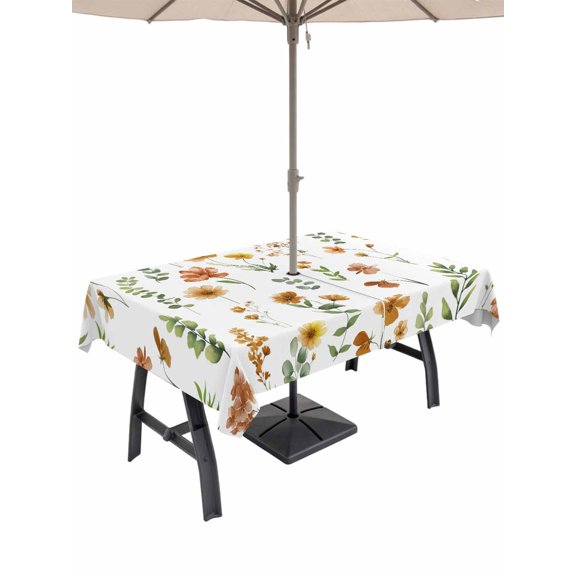 Outdoor Tablecloth with Umbrella Hole for Patio/Picnic/Party/Camping, Yellow Spring Floral Waterproof Table Cloth Rectangle Table Cover Washable, Flowers Leaves Elegant Pastoral (54"x 80")