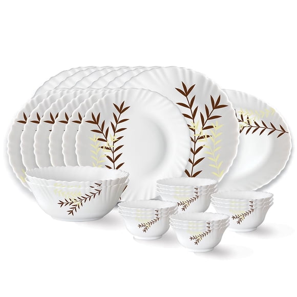 Larah Oak Fluted Series Opalware Dinner Set - 27 Pieces For Family Of 6, White | Crockery Set For Dining & Gifting - Bone Ash Free, Microwave & Dishwasher Safe