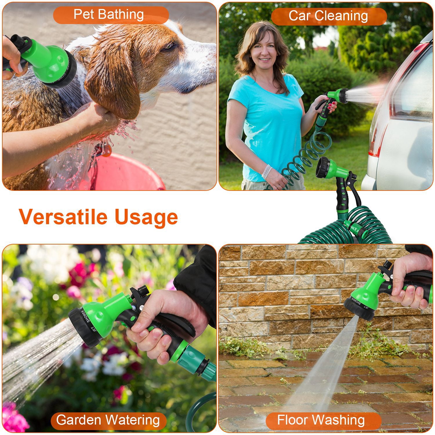 EVA Recoil Garden Hose 65ft Flexible 7 Pattern Spray Nozzle Garden Water Hose with 3/4" and 1/2" Adapter for Boat Greenhouse Yard Patio Green