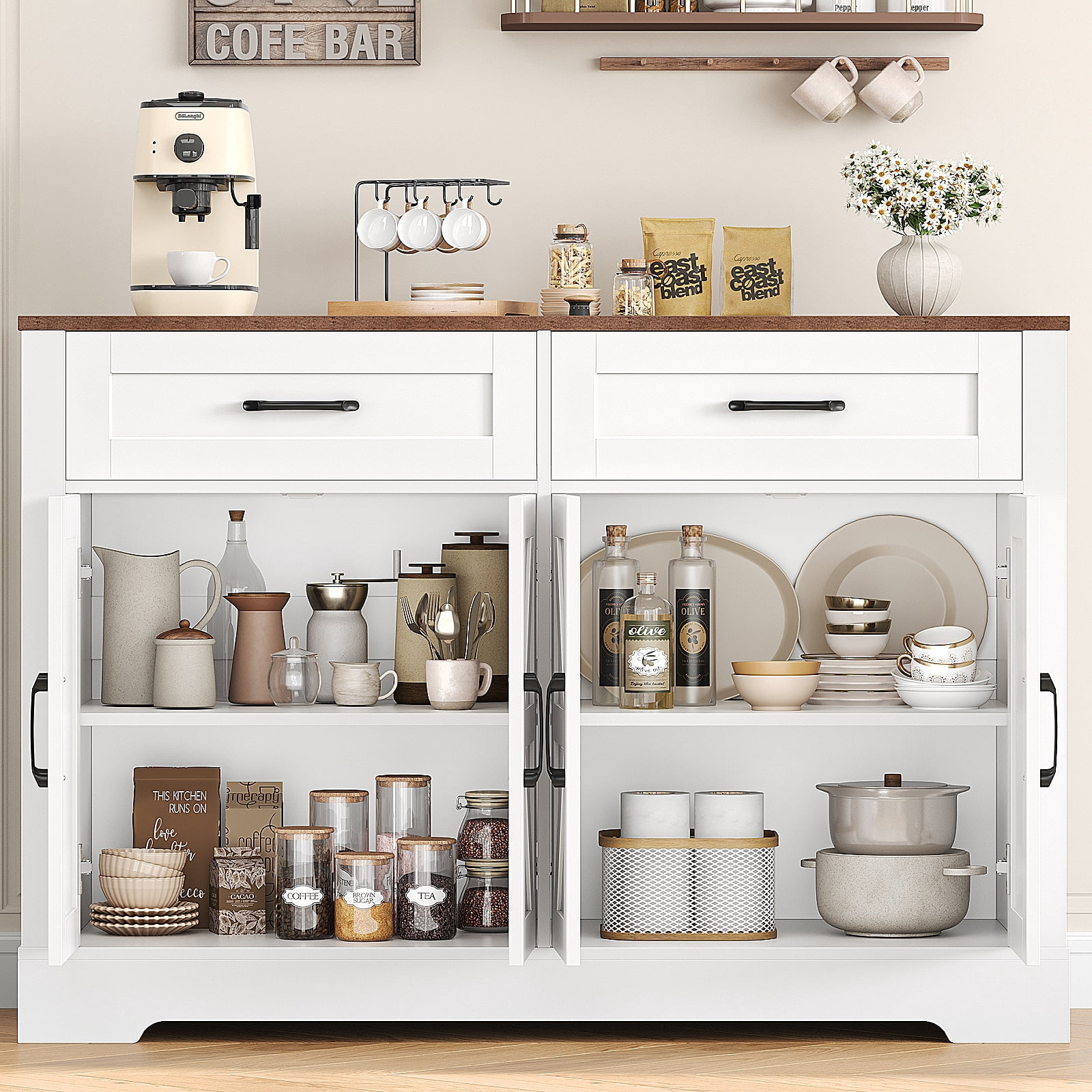 Homfa Buffet Cabinet with 2 Drawers and 4 Doors, Kitchen Sideboard Storage Cabinet, Farmhouse Coffee Bar Cabinet for Dining Room, White & Brown