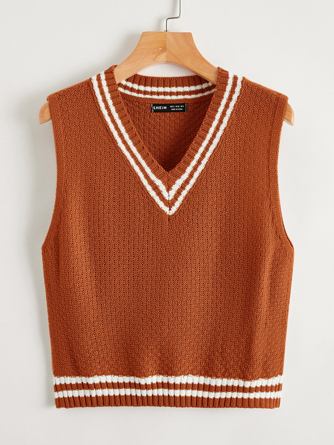 Burnt Orange V Neck Striped Pattern 