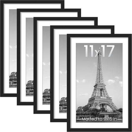 11x17 Picture Frame Set of 5, Display Pictures 9x15 with Mat or 11 x 17 Without, Wall Gallery Poster Frames, Black