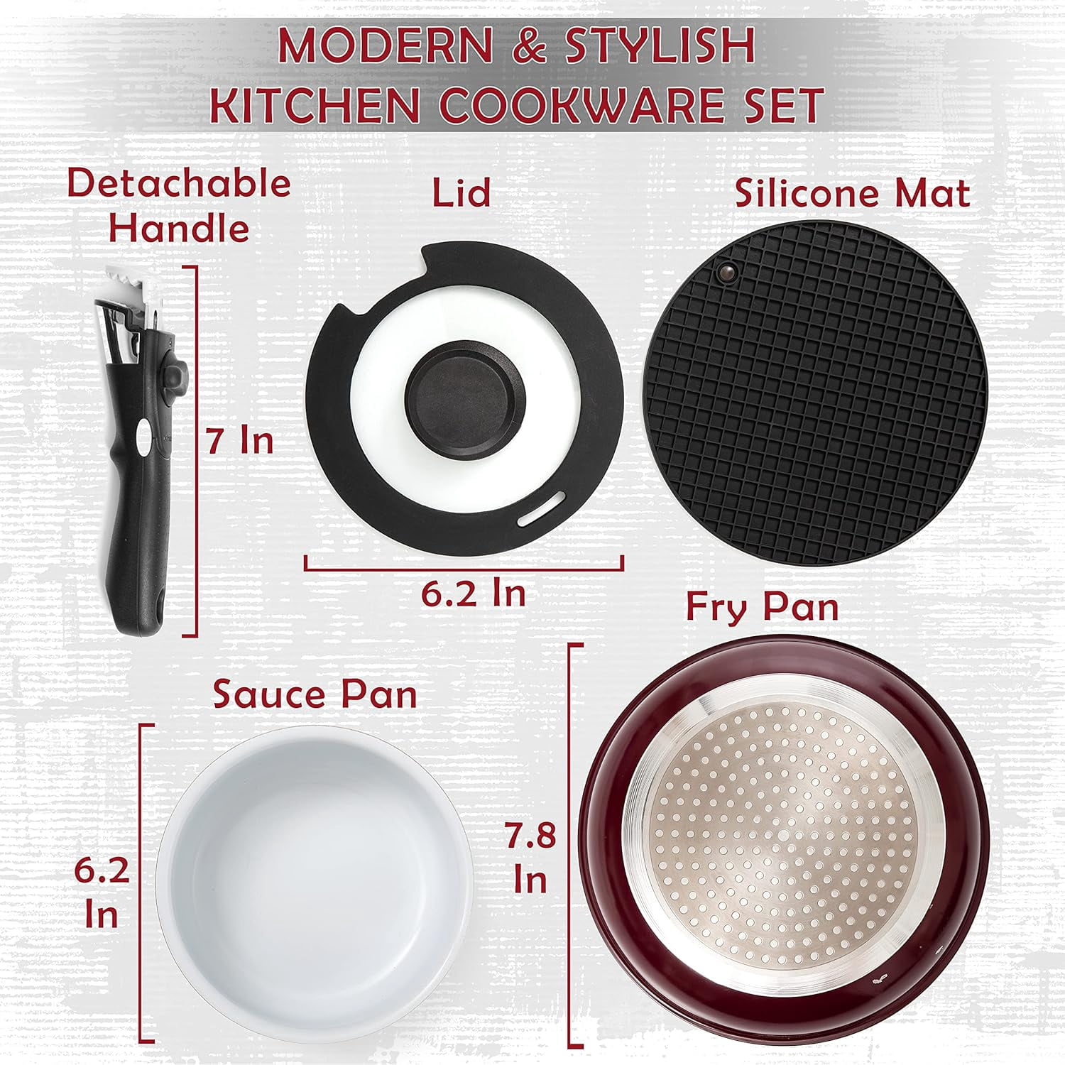 Moss & Stone Aluminum Pots And Pans Set Nonstick, Removable Handle Cookware, Stackable Pots And Pans Set, Dishwasher safe, Induction Pots And Pans, Camping Cookware Set (5 Pcs Burgandy)