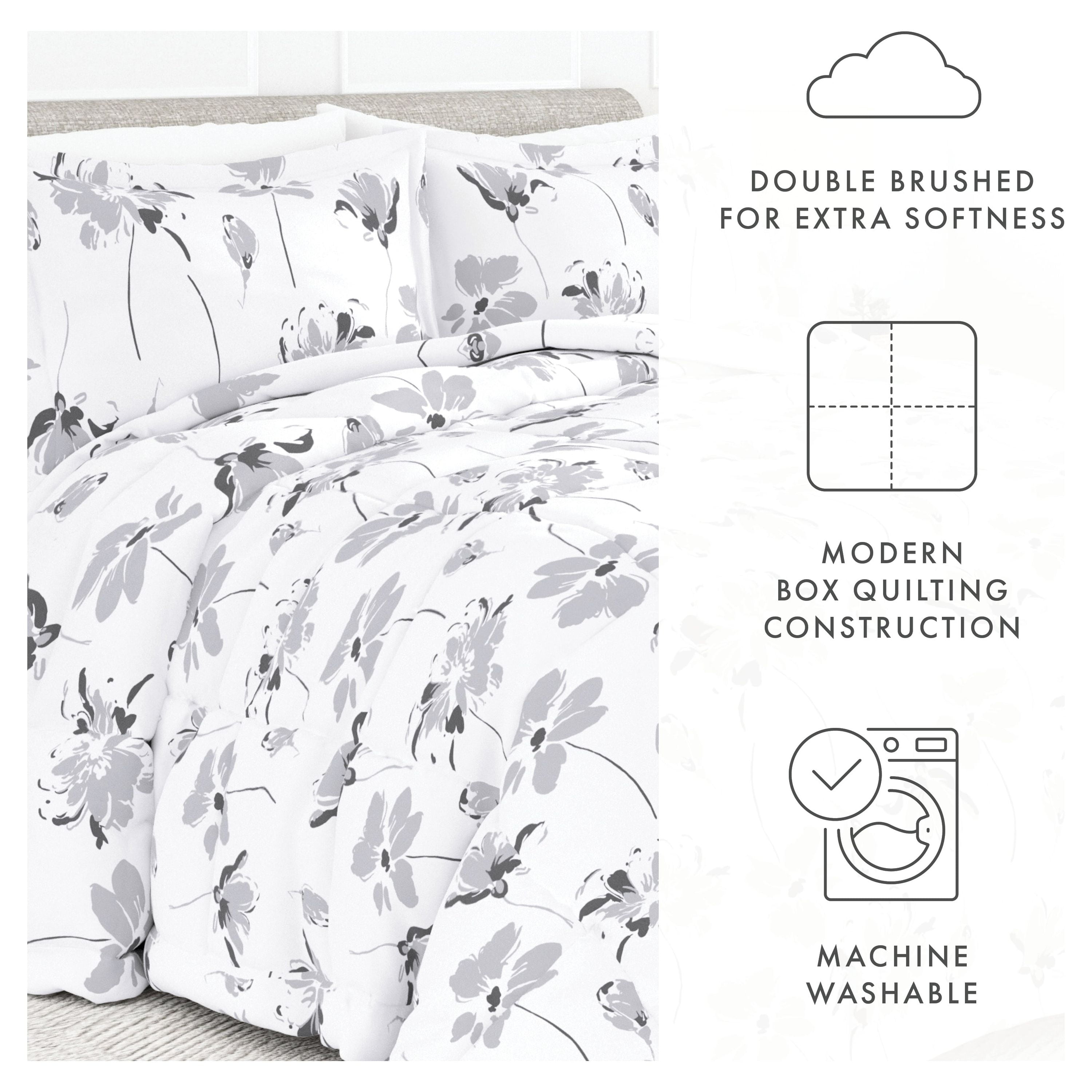 Noble Linens 3-Piece Light Gray Magnolia Gray Print Comforter Set, King/CalKing