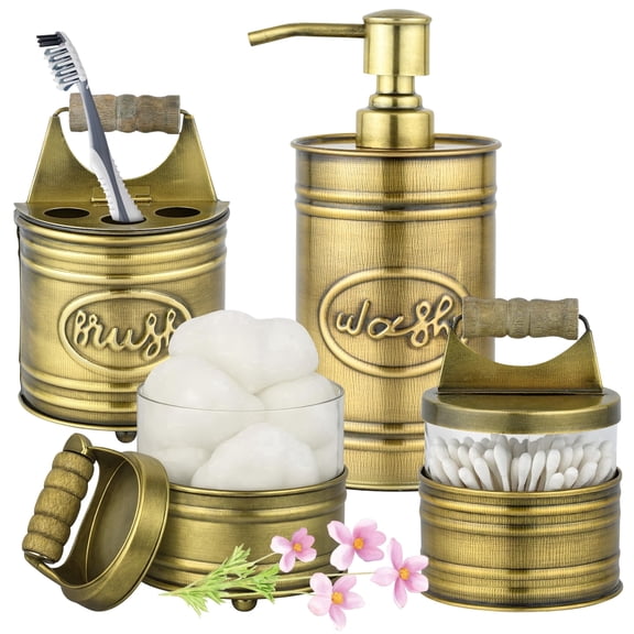 Autumn Alley 4-Piece Aged Brass Farmhouse Bathroom Accessories Set – Metal & Glass Soap Dispenser, Toothbrush Holder, Cotton Ball & Q-Tip Jars with Lids