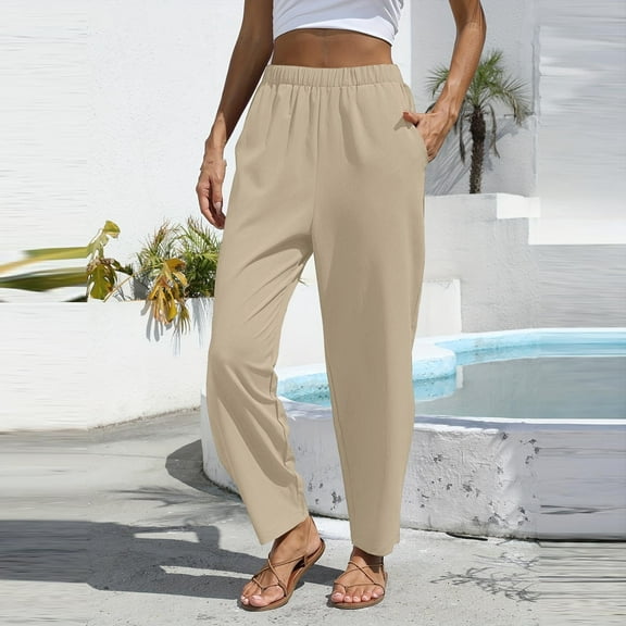 Dasayo Slim Straight Pants Women Cotton Linen Beige Elastic Waisted Slacks Slimming Solid Trousers Jeans Women L