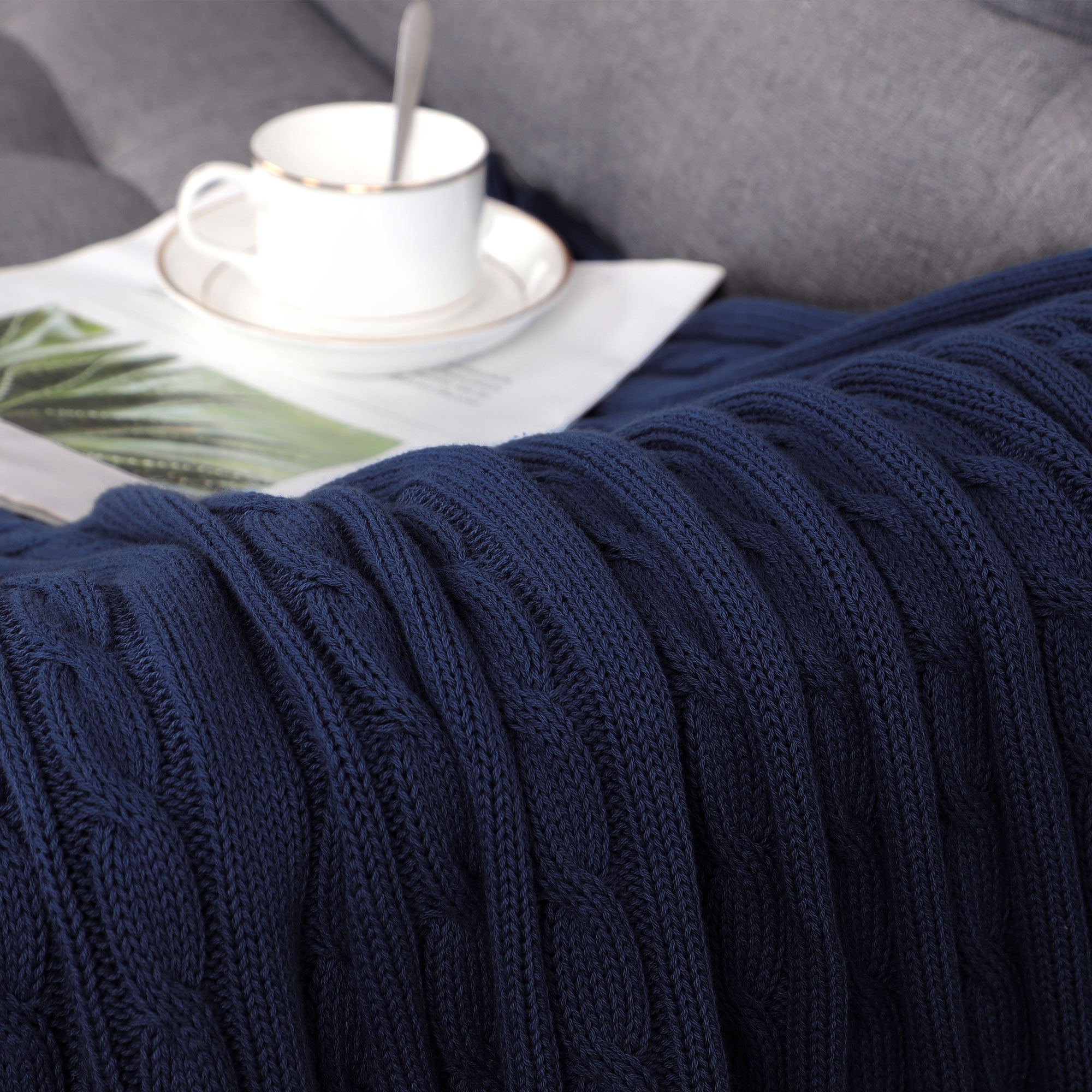 Unique Bargains 100% Cotton Cable Knit Throw Bed Blanket Navy Blue 51" x 59"