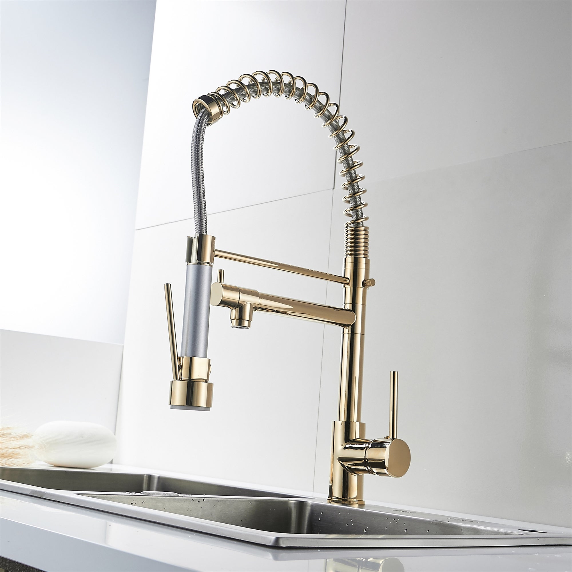 Gold Pull Down Pre Rinse Kitchen Faucet with Spring Spout