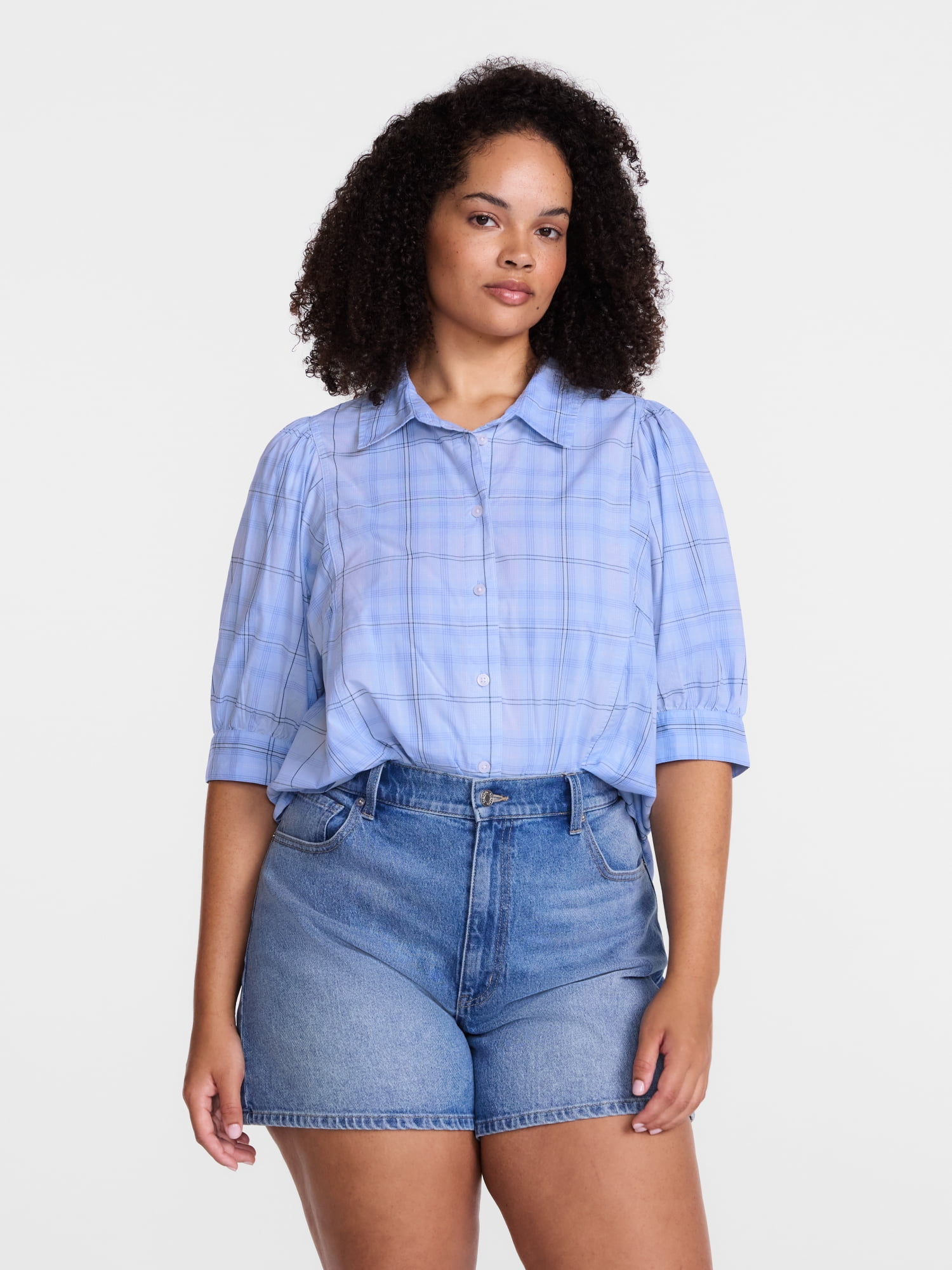 Scenario Women's Button Front Shirt with Puff Sleeves, Sizes XS-XXXL