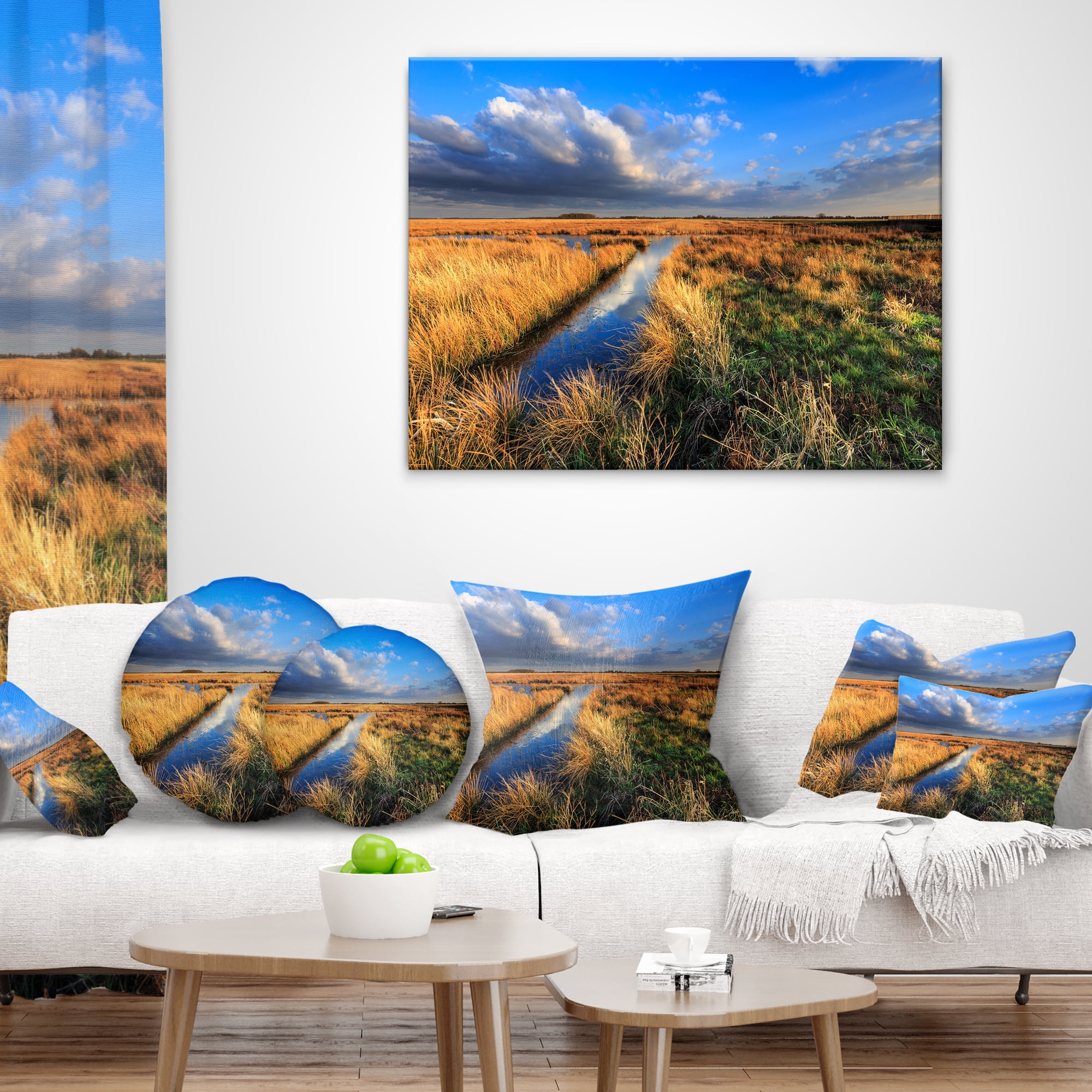 Designart Beautiful Meadow with Blue Sky - Landscape Printed Throw Pillow - 16x16