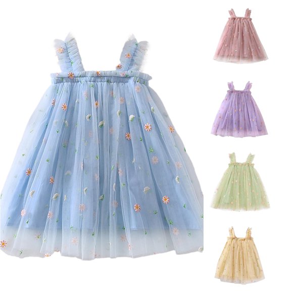 VNKIDY Girls Kids Square Neck Ruffle Thin Strap Floral Embroidery Tulle Swing Dress Daily Summer Princess Tutu Dress For Child 3-4 Years