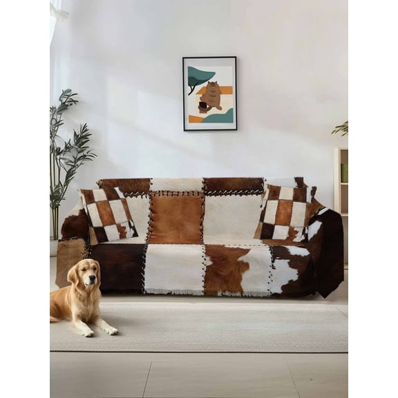 Abstract Cowhides Couch Cover, Brown Beige Animal Fur Texture Sofa Cover Blanket for 2 Seat Cushion, Sectional Sofa Slipcover Furniture Protector for Living Room Bedroom 71''x102''