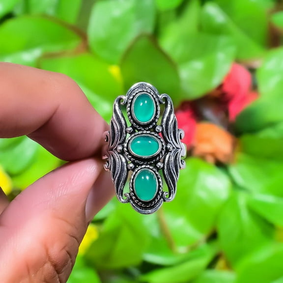 Natural Green Onyx Gemstone Handmade 925 Sterling Silver Ring Size 7.5