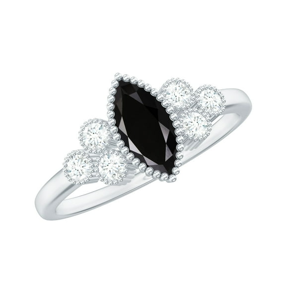 Rosec Jewels Marquise Cut Black Spinel Fine Ring with Diamond, Elegant Black Spinel Solitaire Ring for Women, 925 Sterling Silver, US 4.00