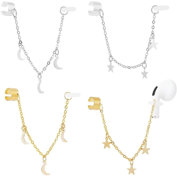 4 Pcs 4 Styles Earphone Anti Lost Earring Clip 4.6 Inch Long Moon and Stars Earclip Strap Earrings Hanging Hook Wirreless Earphone Drop Earrings for Earphone Earring Clips Decor-Goldliver