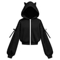 thumbnail image 2 of Girls Full Zip Cropped Hoodie, Long Sleeve Sweatshirt with Sleeve Tie Bow Details, Casual Daily Wear for Kids| Akmoler,Black 5-6 Years, 2 of 7