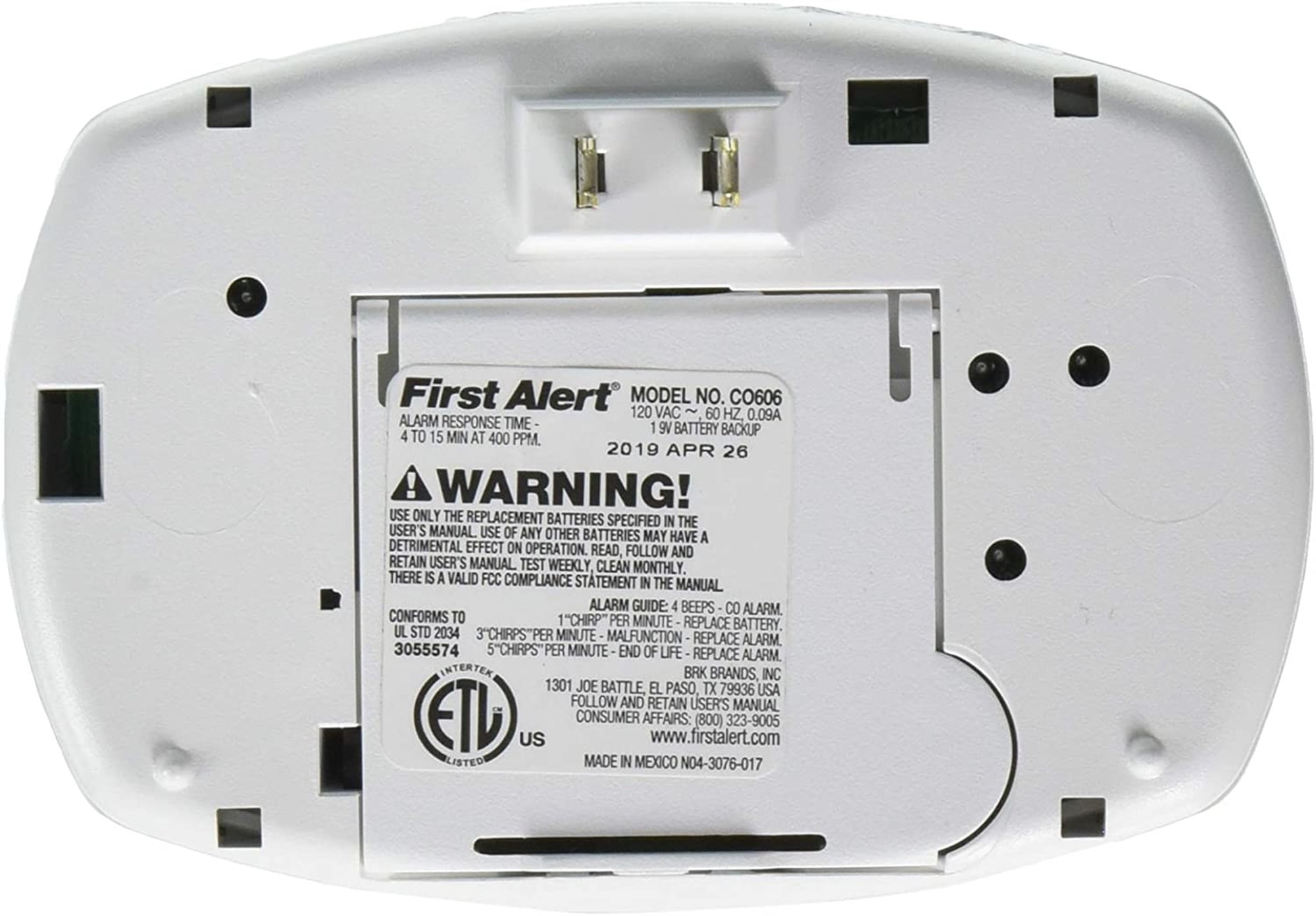 First Alert CO606 Carbon Monoxide CO Plug-In Alarm Sensor with Battery Backup 