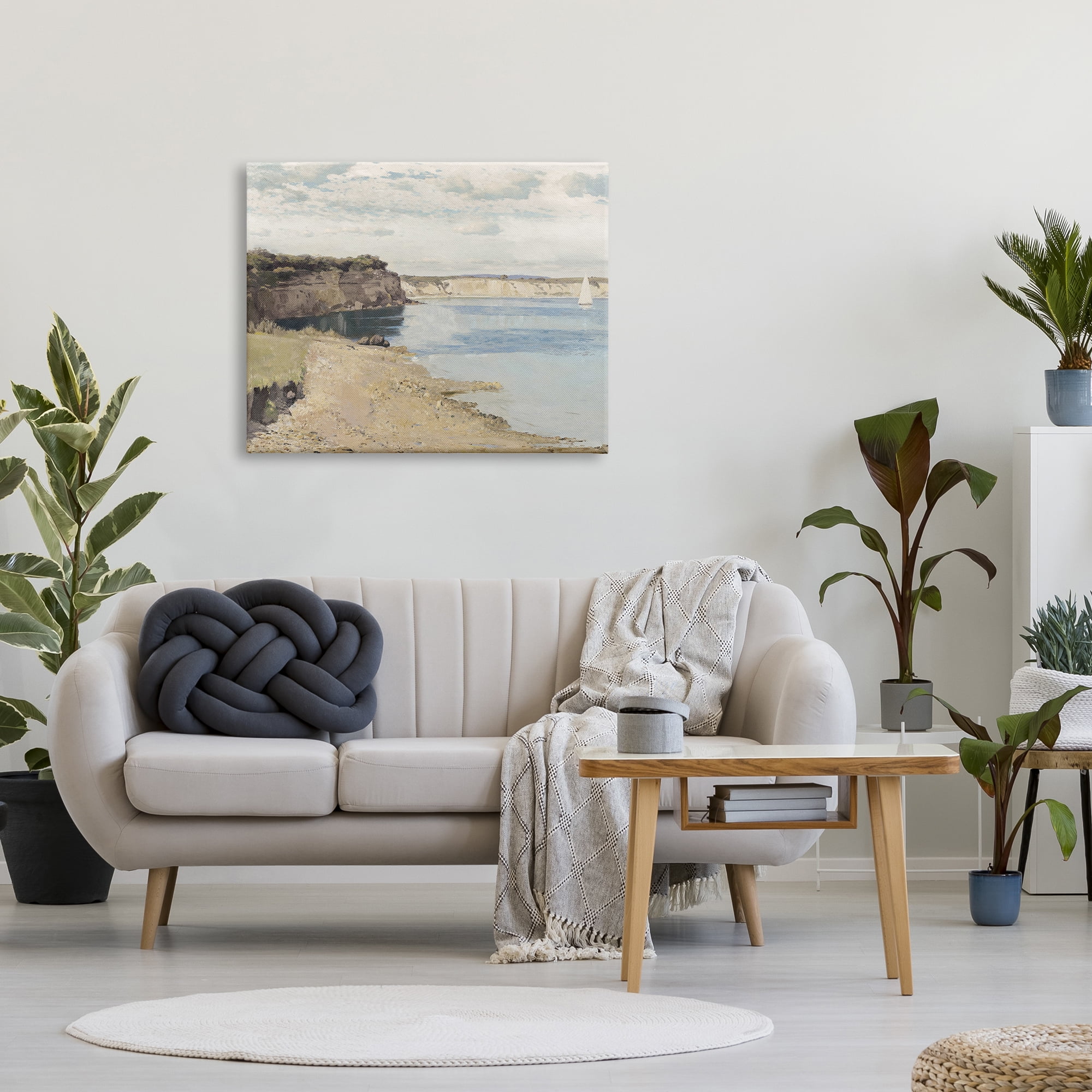 The Stupell Home Decor Collection Still Morning Oceanside Cliffs and a Sailboat Painting XXL Stretched Canvas Wall Art, 30 x 1.5 x 40