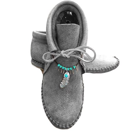 

Women s PU Boots with Feather Chain Front Lace-up Flat Boots Vintage Style Easy to Put on Winter Outdoor Supply 40 Grey