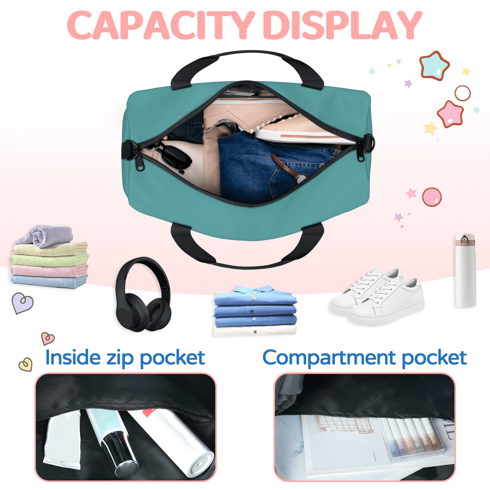 Herdesigns Darkcyan Travel Duffle Bag Sports Yoga Weekender Overnight Carry on Workout Bags Lightweight Waterproof Gym Tote Bag for Women
